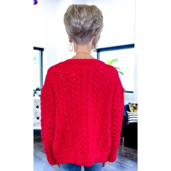 BiBi Red Beaded & Pearl Embellished Cable Knit Cardigan Sweater size XL open - Picture 7 of 7